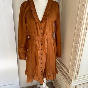 Scotch & Soda Long Sleeve Ruffle Dress in Warm Brown